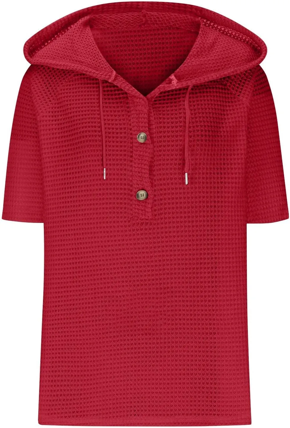Waffle Knit Short Sleeve Tops for Women Spring Waffle Knit Tops Drawstring Hoodies Button V Neck Casual Blouses Shirts