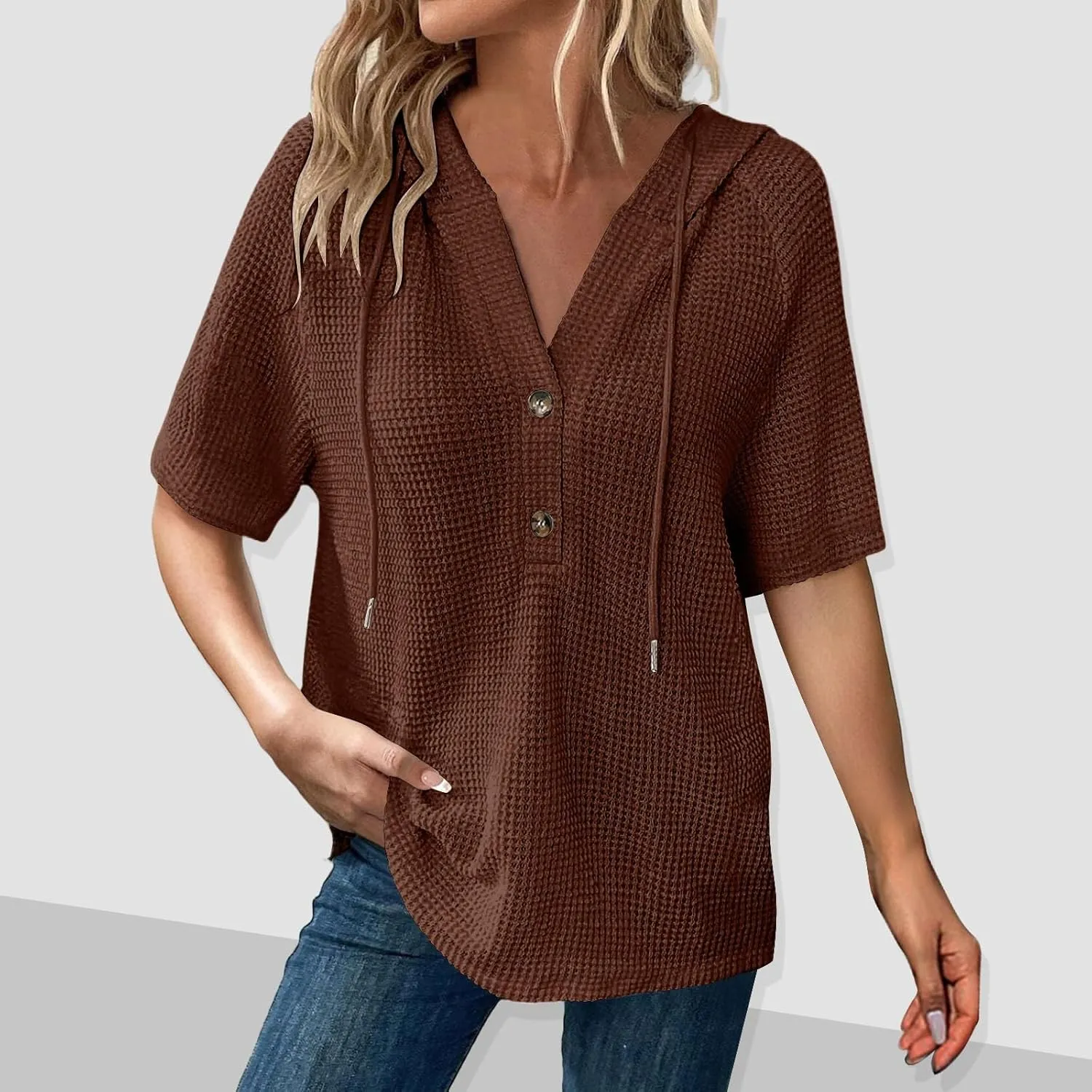 Waffle Knit Short Sleeve Tops for Women Spring Waffle Knit Tops Drawstring Hoodies Button V Neck Casual Blouses Shirts