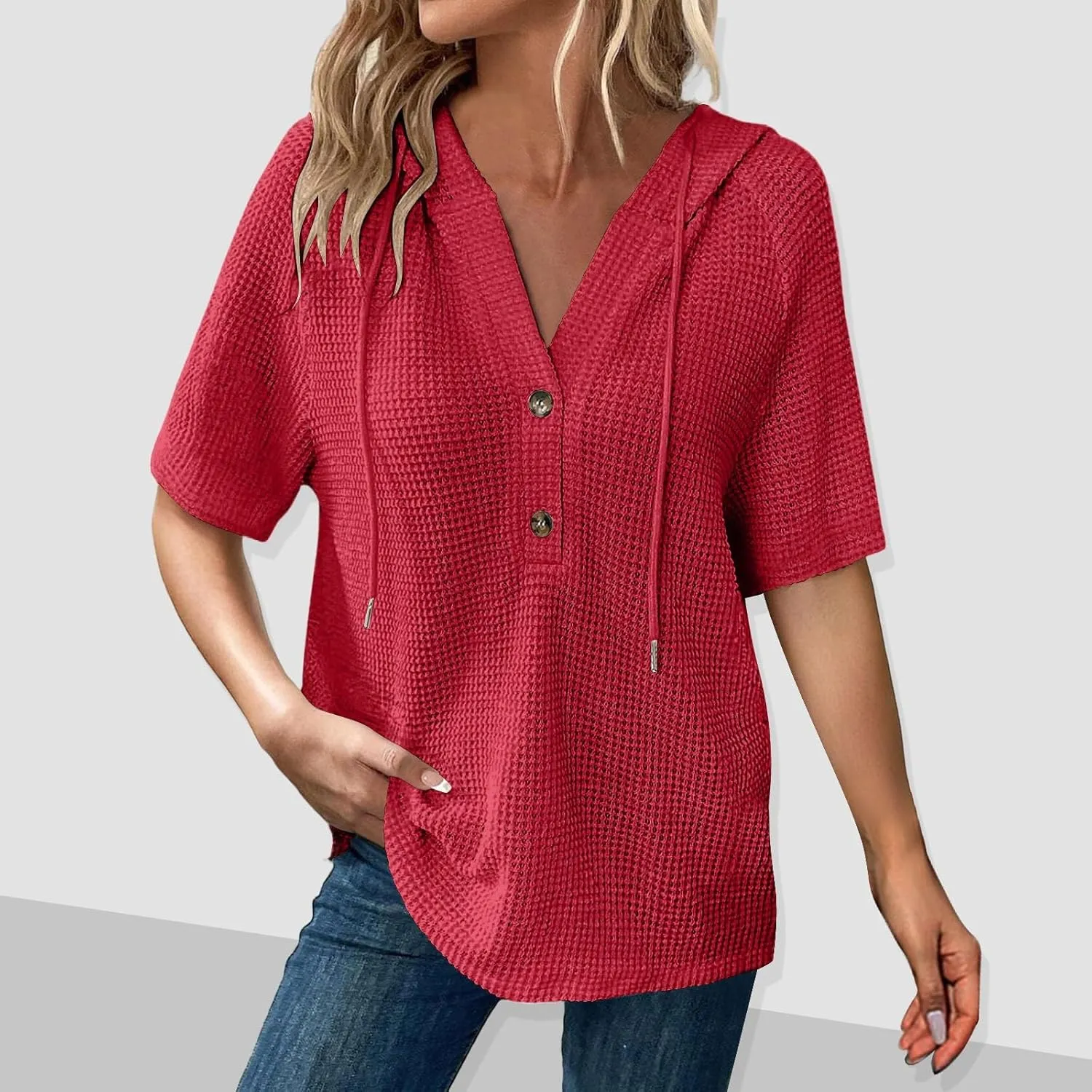 Waffle Knit Short Sleeve Tops for Women Spring Waffle Knit Tops Drawstring Hoodies Button V Neck Casual Blouses Shirts