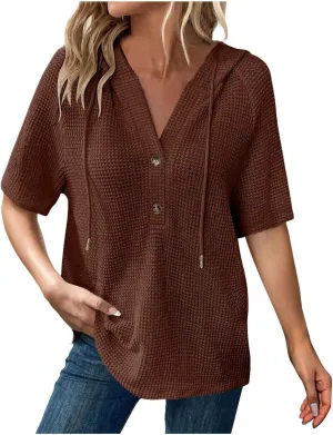 Waffle Knit Short Sleeve Tops for Women Spring Waffle Knit Tops Drawstring Hoodies Button V Neck Casual Blouses Shirts
