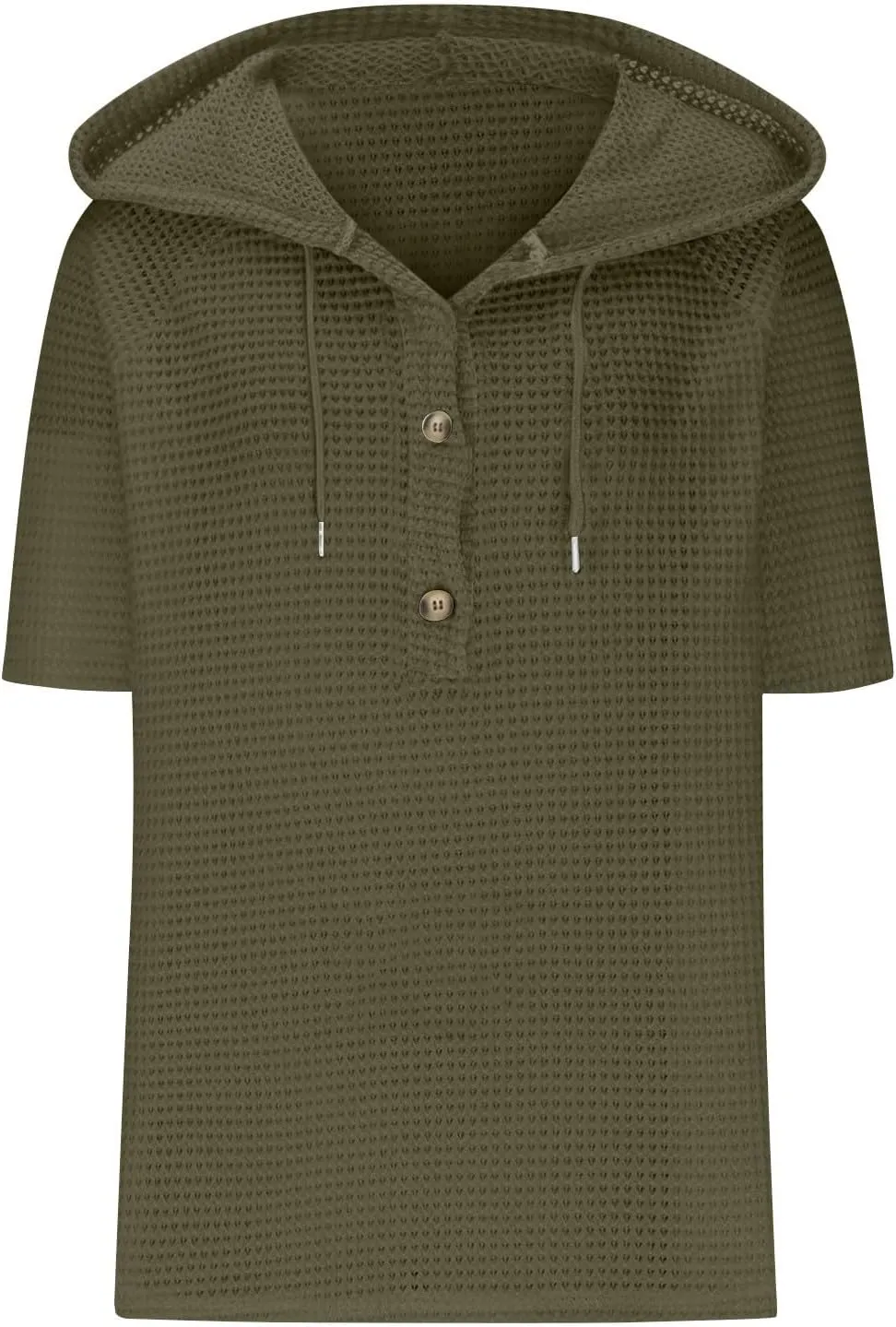 Waffle Knit Short Sleeve Tops for Women Spring Waffle Knit Tops Drawstring Hoodies Button V Neck Casual Blouses Shirts