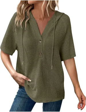 Waffle Knit Short Sleeve Tops for Women Spring Waffle Knit Tops Drawstring Hoodies Button V Neck Casual Blouses Shirts