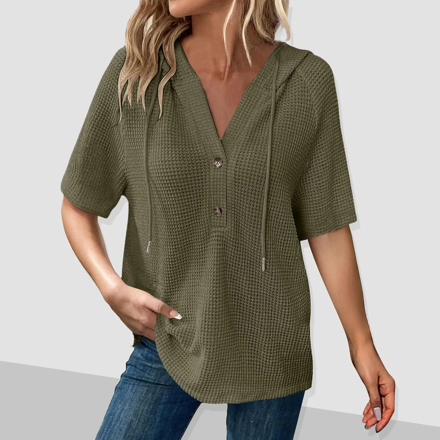 Waffle Knit Short Sleeve Tops for Women Spring Waffle Knit Tops Drawstring Hoodies Button V Neck Casual Blouses Shirts