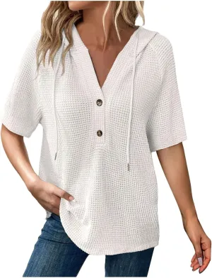 Waffle Knit Short Sleeve Tops for Women Spring Waffle Knit Tops Drawstring Hoodies Button V Neck Casual Blouses Shirts