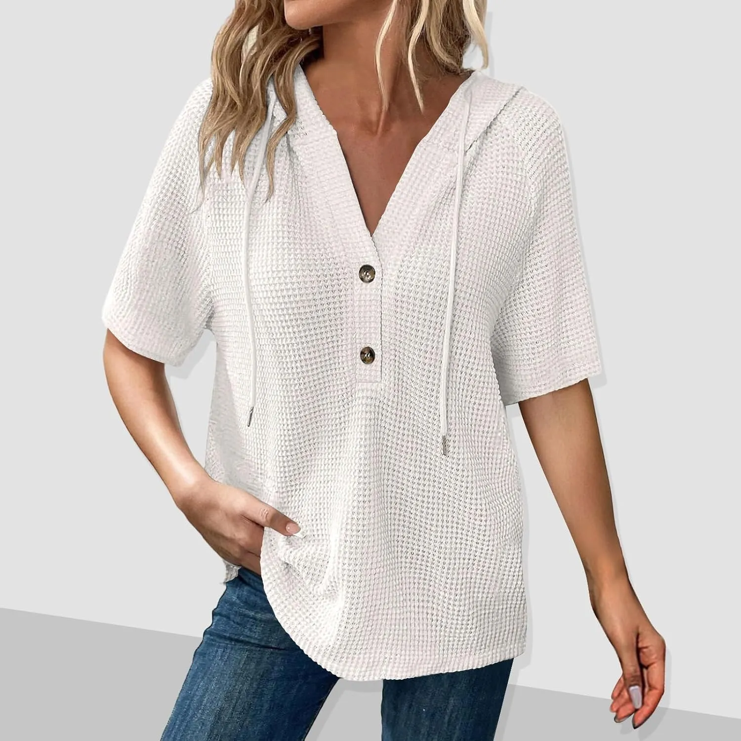 Waffle Knit Short Sleeve Tops for Women Spring Waffle Knit Tops Drawstring Hoodies Button V Neck Casual Blouses Shirts