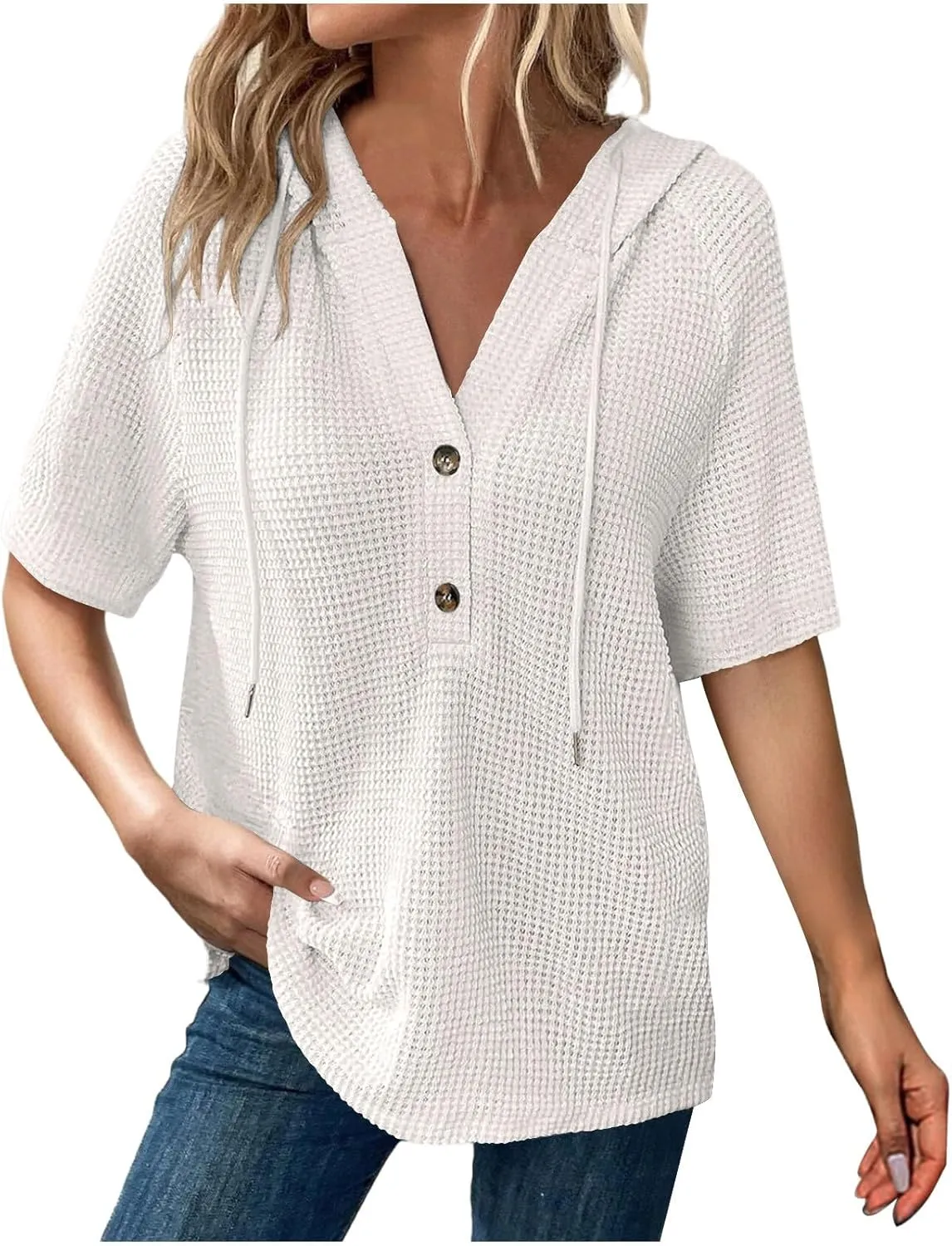 Waffle Knit Short Sleeve Tops for Women Spring Waffle Knit Tops Drawstring Hoodies Button V Neck Casual Blouses Shirts