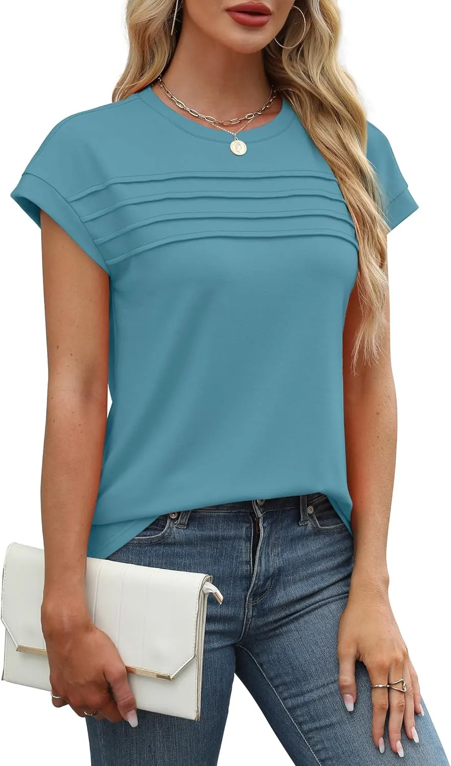 WEESO Womens Summer Tops Trendy 2025 Cap Sleeve T Shirts Crew Neck Pleated Front Clothes Fashion