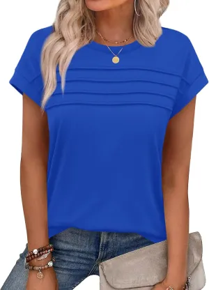 WEESO Womens Summer Tops Trendy 2025 Cap Sleeve T Shirts Crew Neck Pleated Front Clothes Fashion