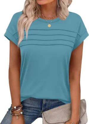 WEESO Womens Summer Tops Trendy 2025 Cap Sleeve T Shirts Crew Neck Pleated Front Clothes Fashion