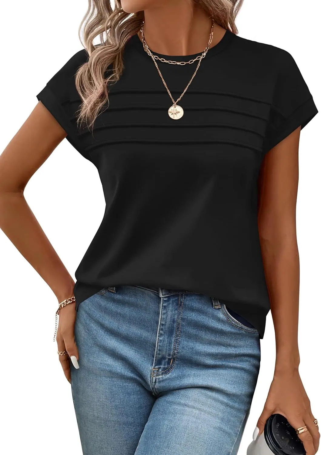 WEESO Womens Summer Tops Trendy 2025 Cap Sleeve T Shirts Crew Neck Pleated Front Clothes Fashion