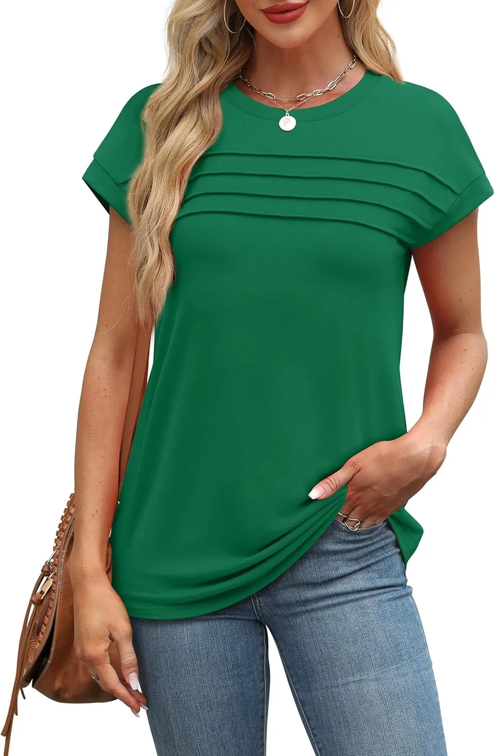 WEESO Womens Summer Tops Trendy 2025 Cap Sleeve T Shirts Crew Neck Pleated Front Clothes Fashion
