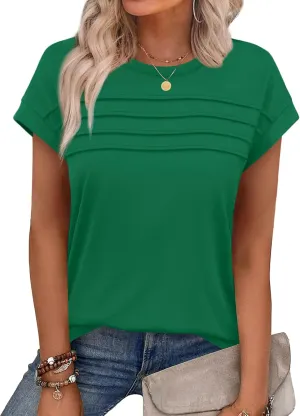 WEESO Womens Summer Tops Trendy 2025 Cap Sleeve T Shirts Crew Neck Pleated Front Clothes Fashion