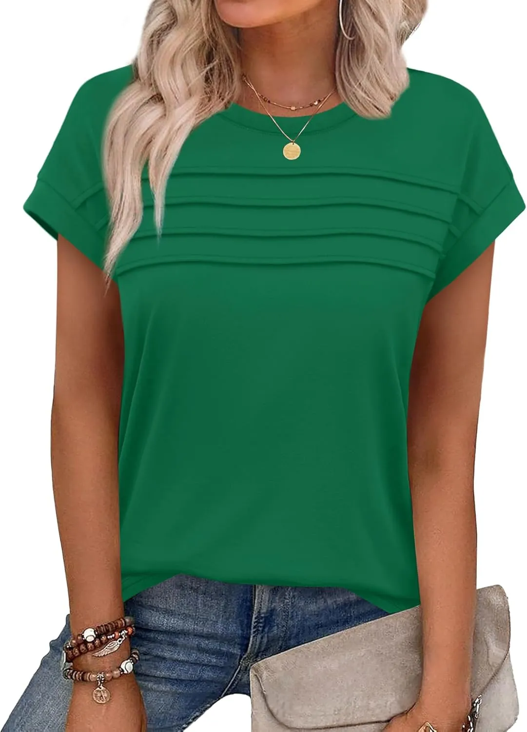 WEESO Womens Summer Tops Trendy 2025 Cap Sleeve T Shirts Crew Neck Pleated Front Clothes Fashion