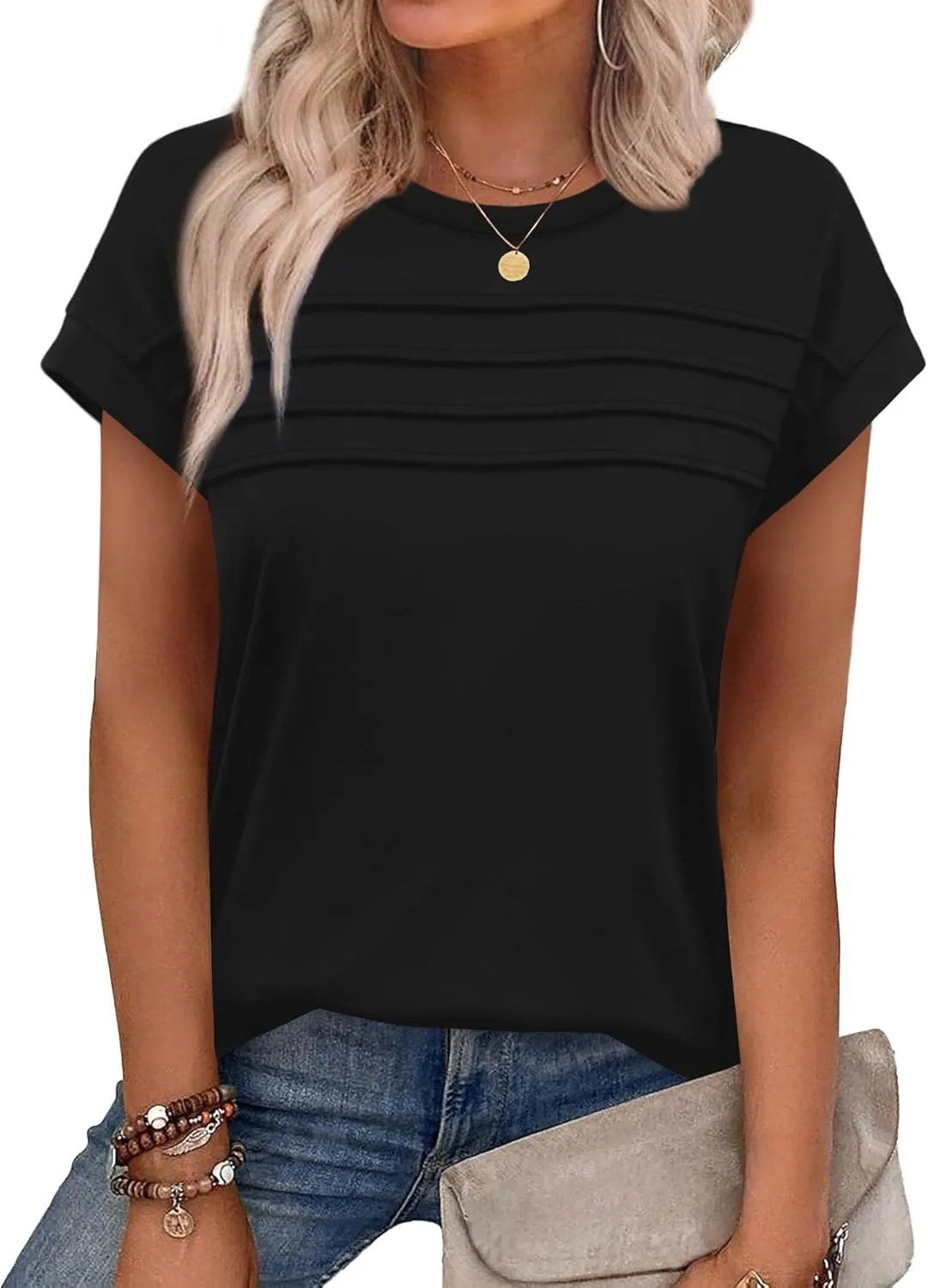 WEESO Womens Summer Tops Trendy 2025 Cap Sleeve T Shirts Crew Neck Pleated Front Clothes Fashion