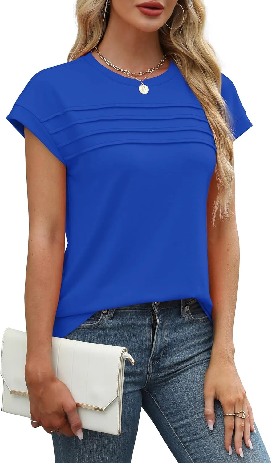 WEESO Womens Summer Tops Trendy 2025 Cap Sleeve T Shirts Crew Neck Pleated Front Clothes Fashion