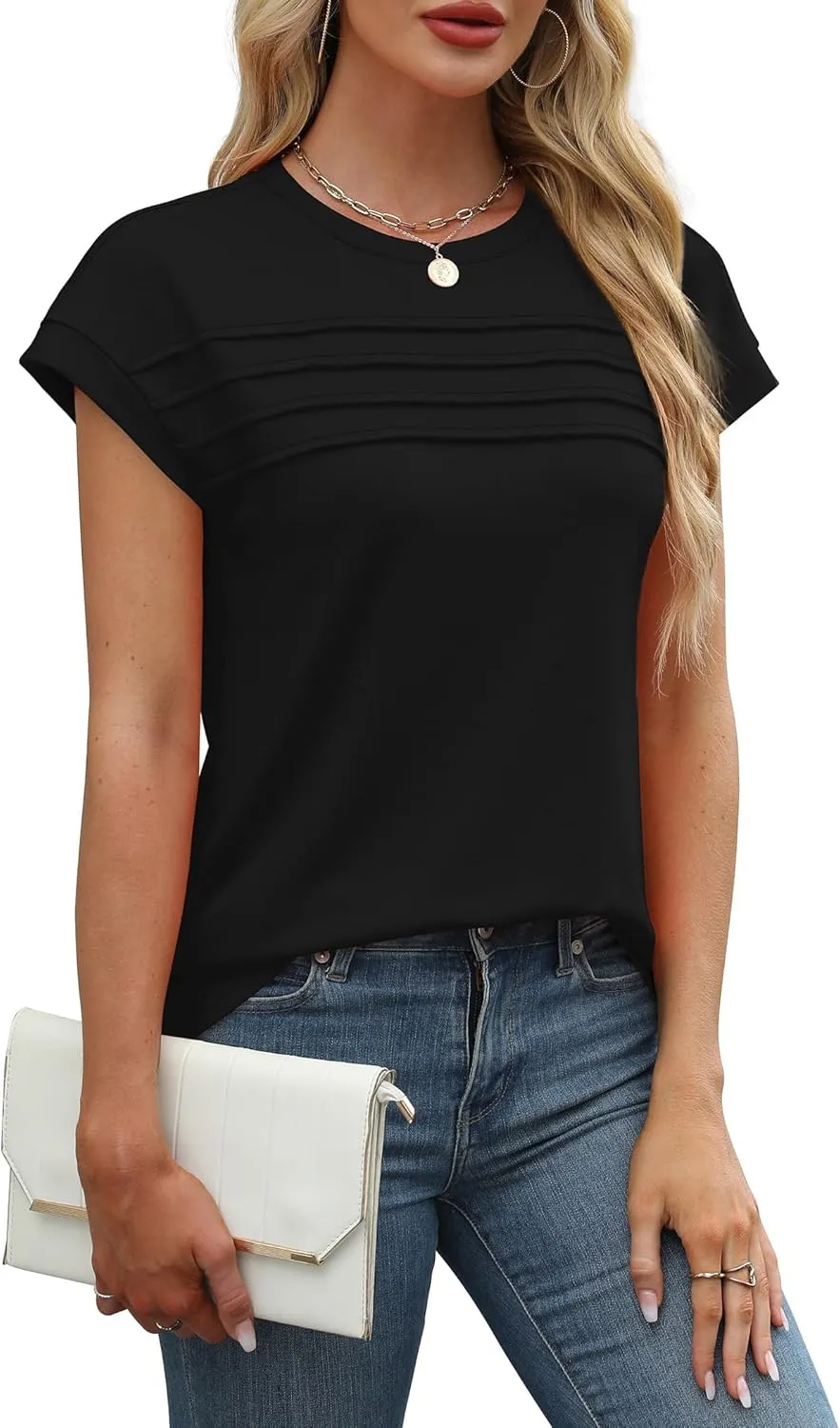 WEESO Womens Summer Tops Trendy 2025 Cap Sleeve T Shirts Crew Neck Pleated Front Clothes Fashion
