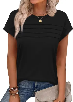 WEESO Womens Summer Tops Trendy 2025 Cap Sleeve T Shirts Crew Neck Pleated Front Clothes Fashion