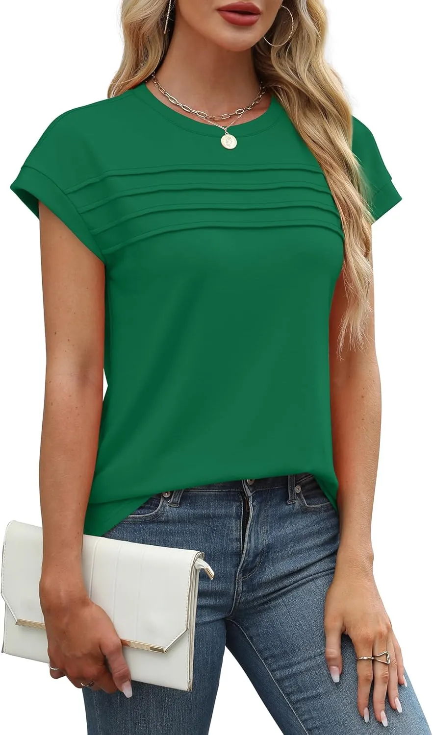 WEESO Womens Summer Tops Trendy 2025 Cap Sleeve T Shirts Crew Neck Pleated Front Clothes Fashion