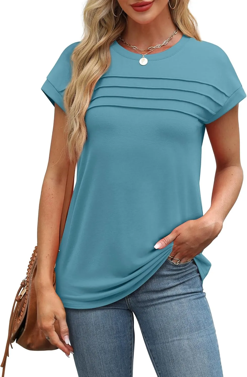 WEESO Womens Summer Tops Trendy 2025 Cap Sleeve T Shirts Crew Neck Pleated Front Clothes Fashion