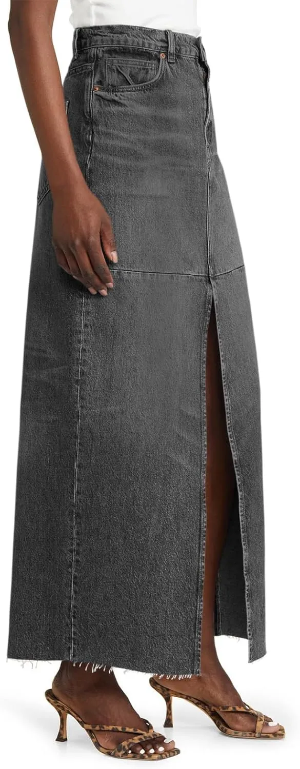 Wenrine Women's High Waisted Denim Maxi Skirts Frayed Hem Split Jean Skirts with Pockets