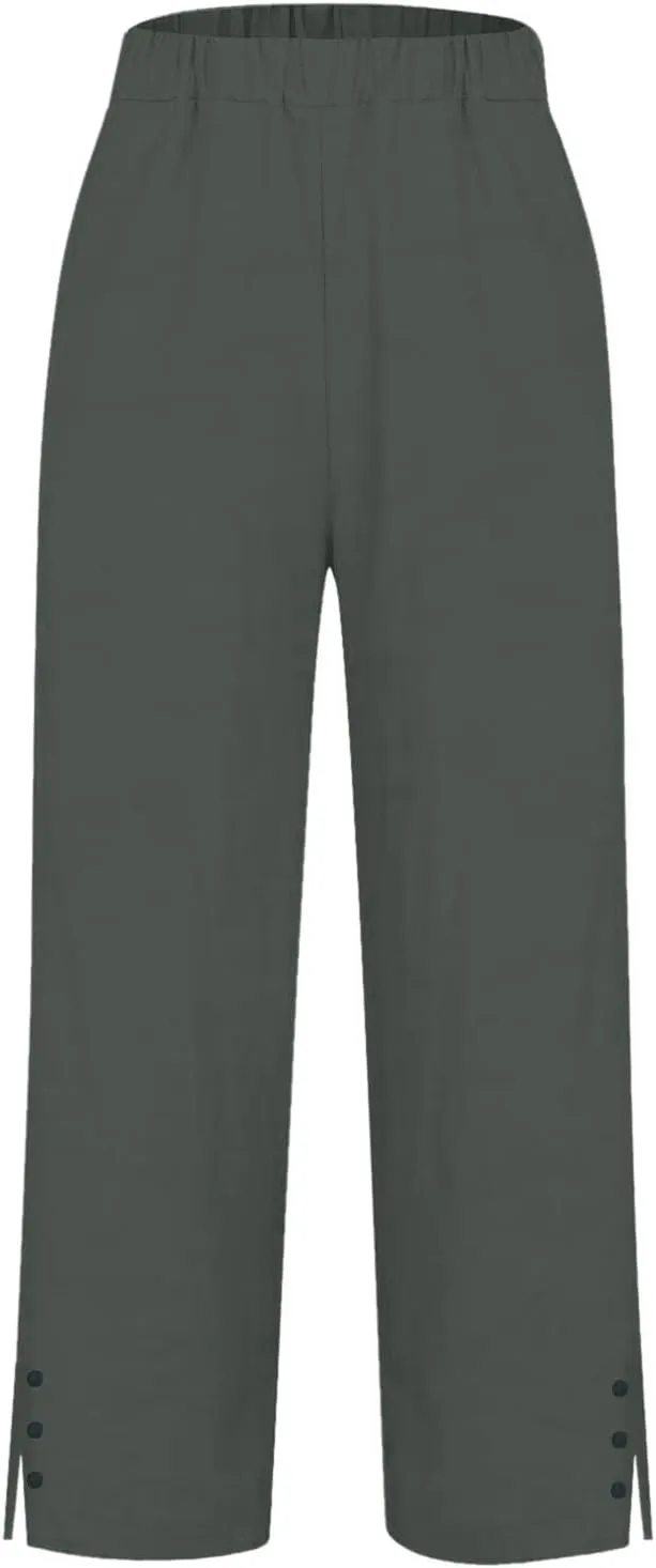Wide Leg Pants Woman Solid Elastic Pants Long Drawstring Linen Women Waist Cotton Casual Womens Business Casual
