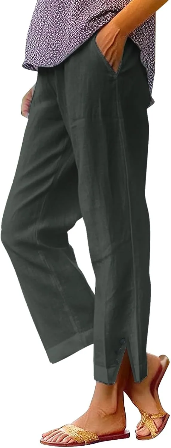 Wide Leg Pants Woman Solid Elastic Pants Long Drawstring Linen Women Waist Cotton Casual Womens Business Casual