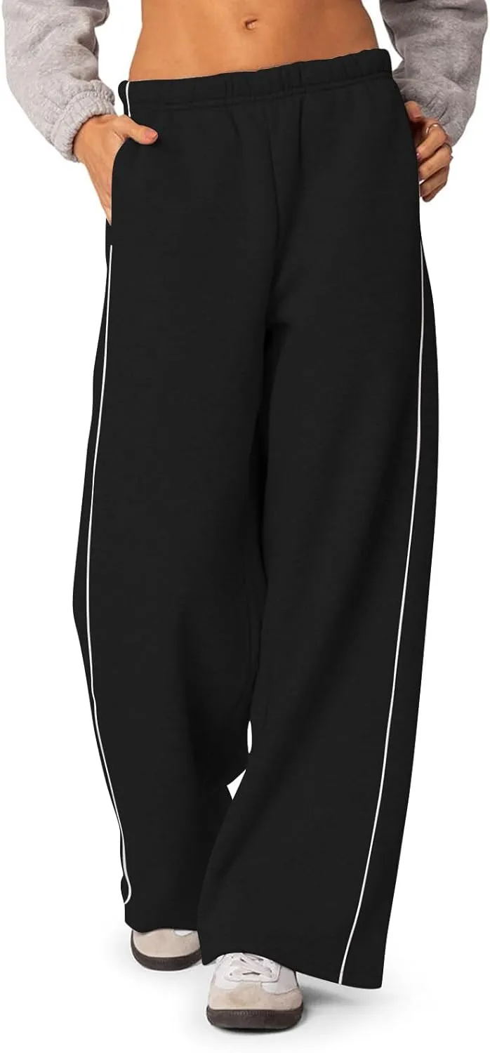 Wide Leg Sweatpants Women Casual Comfy Elastic Low Rise Lounge Pants with Pockets Baggy Fleece Cotton Joggers