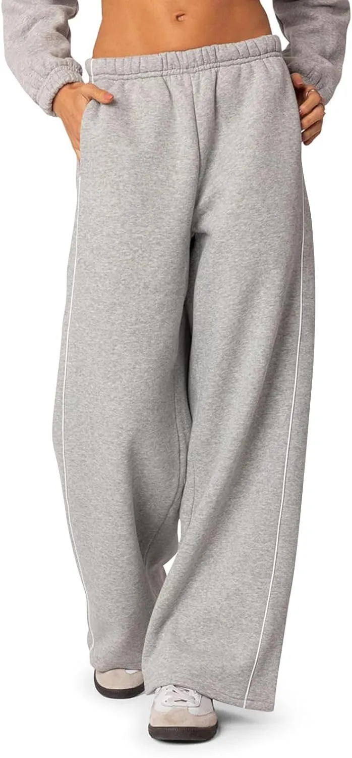 Wide Leg Sweatpants Women Casual Comfy Elastic Low Rise Lounge Pants with Pockets Baggy Fleece Cotton Joggers