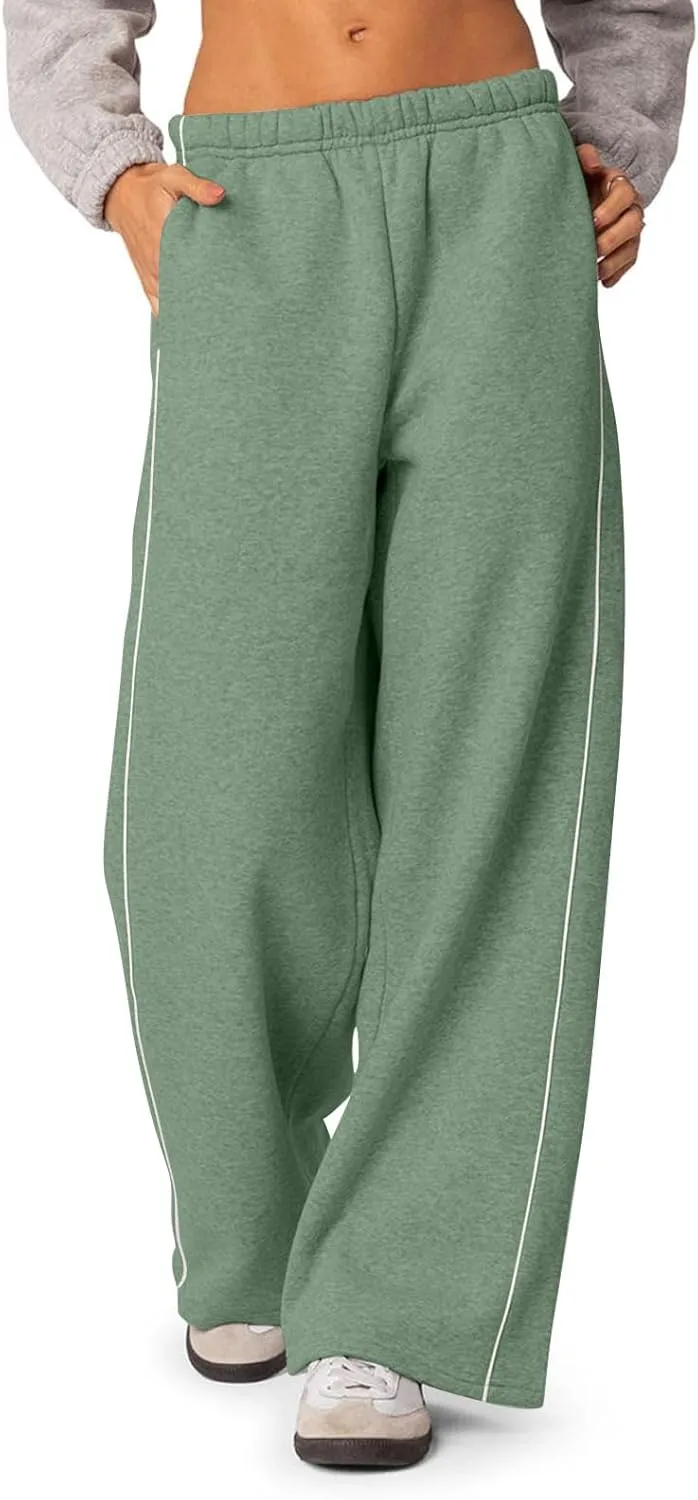 Wide Leg Sweatpants Women Casual Comfy Elastic Low Rise Lounge Pants with Pockets Baggy Fleece Cotton Joggers