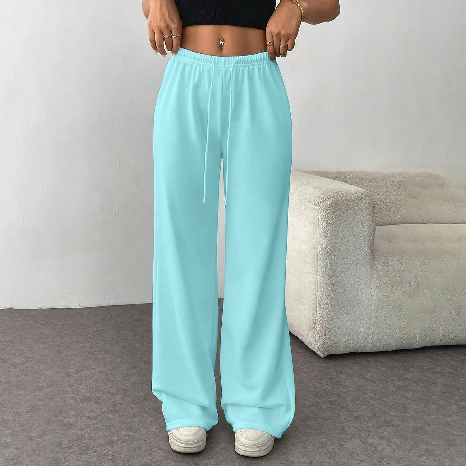 Wide Leg Sweatpants Women Low Rise Baggy Fleece Pants Y2k Drawstring Lounge Pants with Pockets Workout Athletic Pants