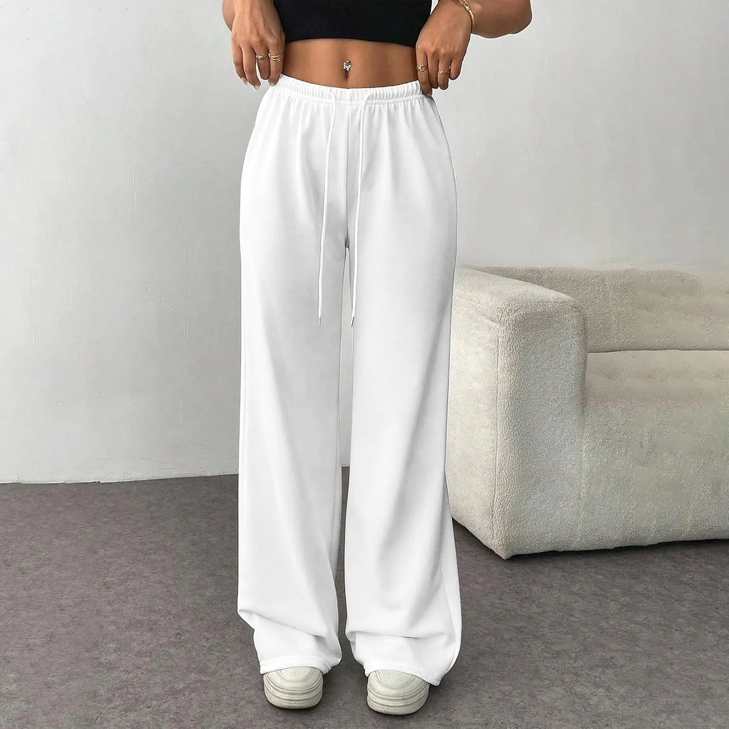 Wide Leg Sweatpants Women Low Rise Baggy Fleece Pants Y2k Drawstring Lounge Pants with Pockets Workout Athletic Pants