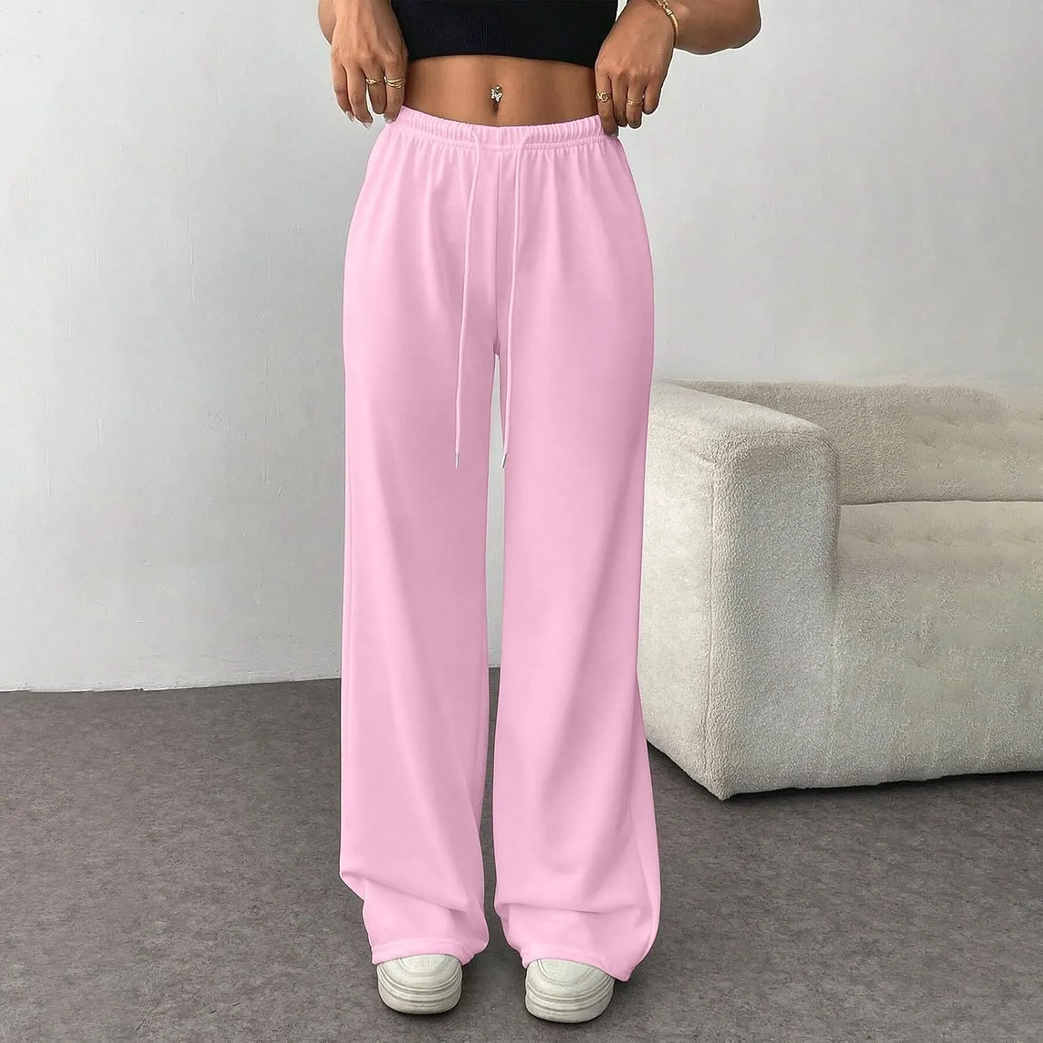 Wide Leg Sweatpants Women Low Rise Baggy Fleece Pants Y2k Drawstring Lounge Pants with Pockets Workout Athletic Pants