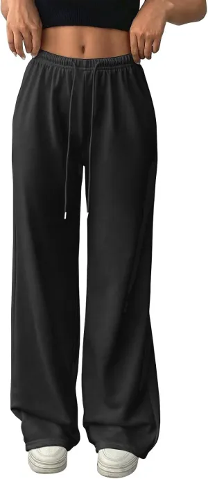 Wide Leg Sweatpants Women Low Rise Baggy Fleece Pants Y2k Drawstring Lounge Pants with Pockets Workout Athletic Pants