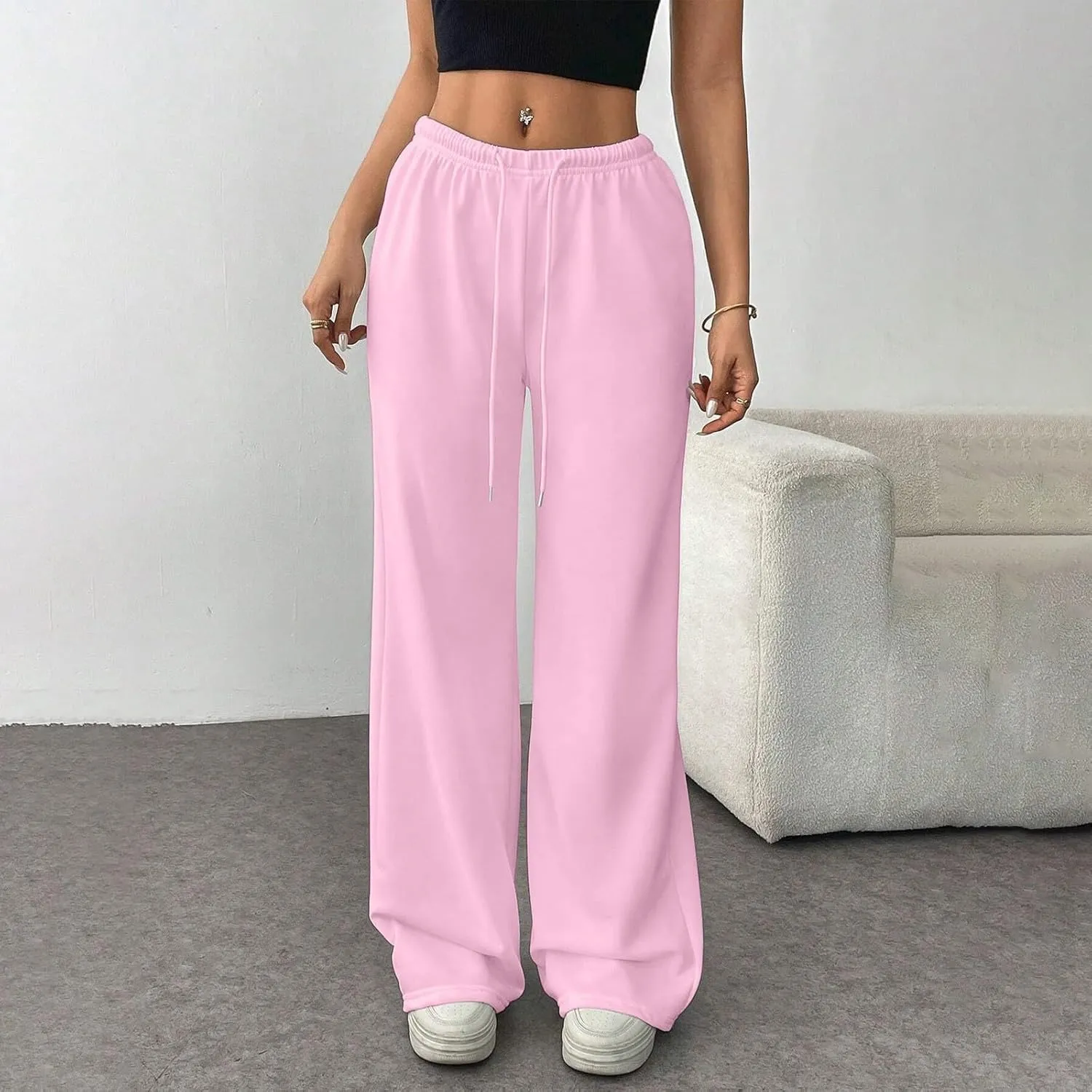 Wide Leg Sweatpants Women Low Rise Baggy Fleece Pants Y2k Drawstring Lounge Pants with Pockets Workout Athletic Pants