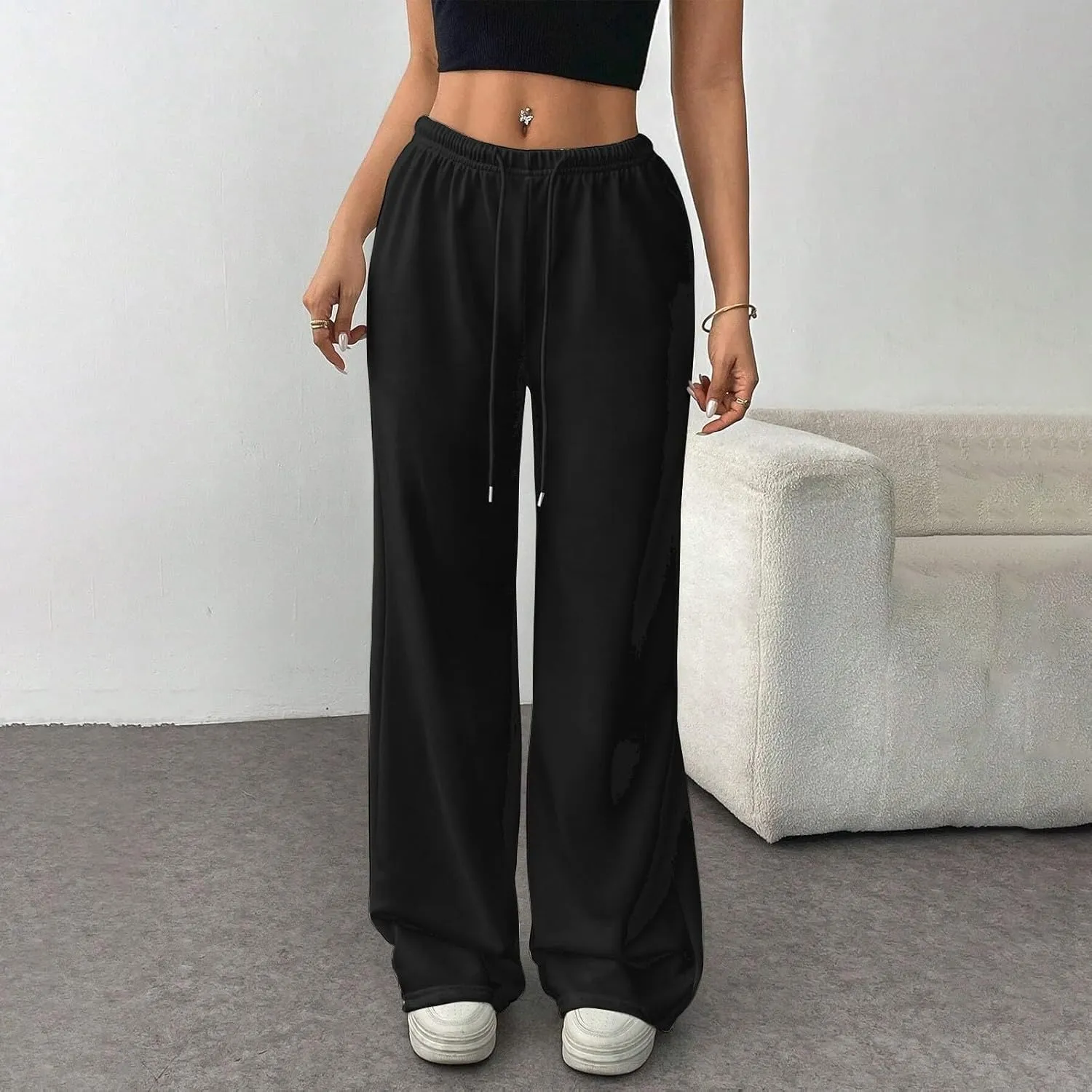 Wide Leg Sweatpants Women Low Rise Baggy Fleece Pants Y2k Drawstring Lounge Pants with Pockets Workout Athletic Pants