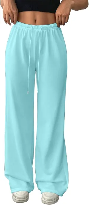 Wide Leg Sweatpants Women Low Rise Baggy Fleece Pants Y2k Drawstring Lounge Pants with Pockets Workout Athletic Pants