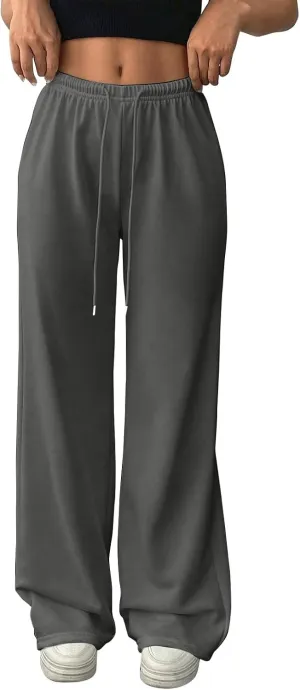 Wide Leg Sweatpants Women Low Rise Baggy Fleece Pants Y2k Drawstring Lounge Pants with Pockets Workout Athletic Pants