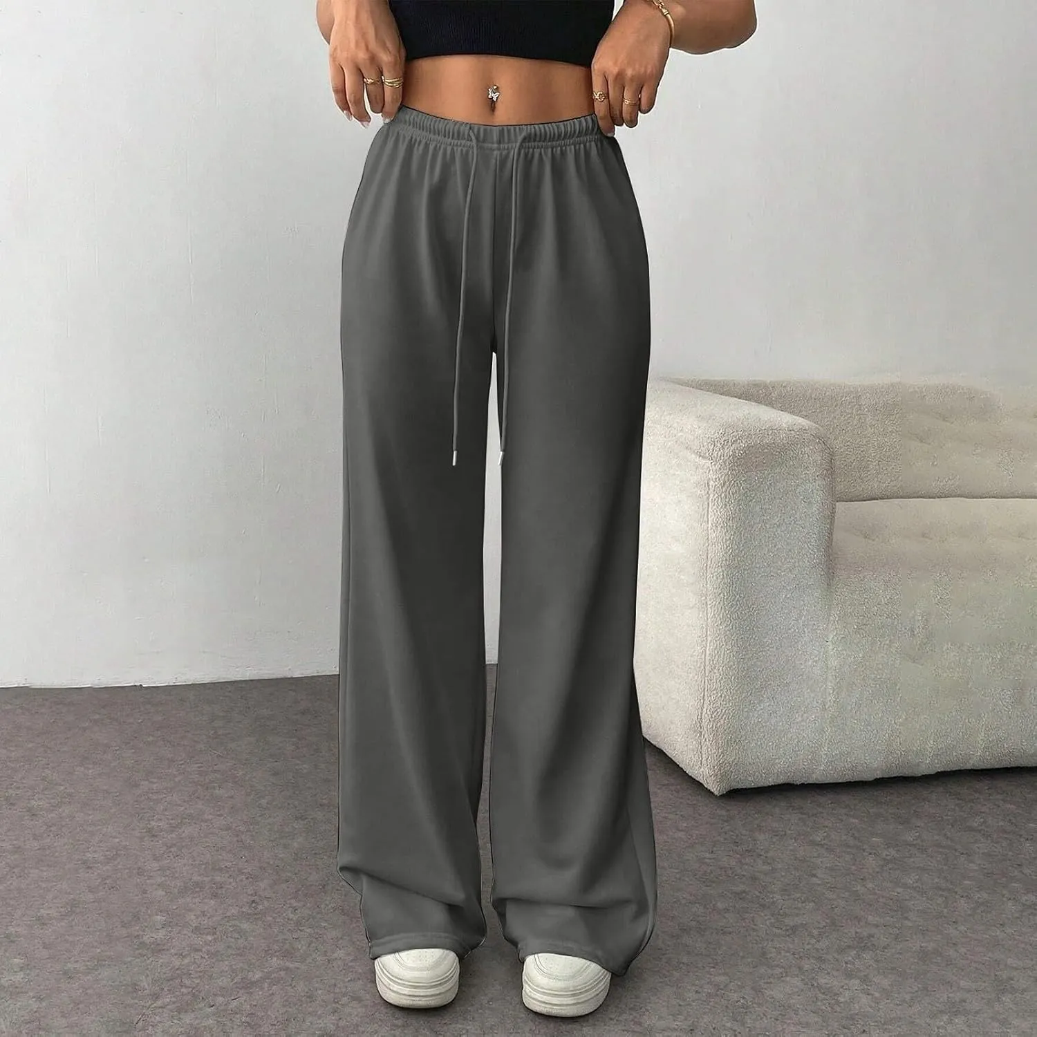 Wide Leg Sweatpants Women Low Rise Baggy Fleece Pants Y2k Drawstring Lounge Pants with Pockets Workout Athletic Pants