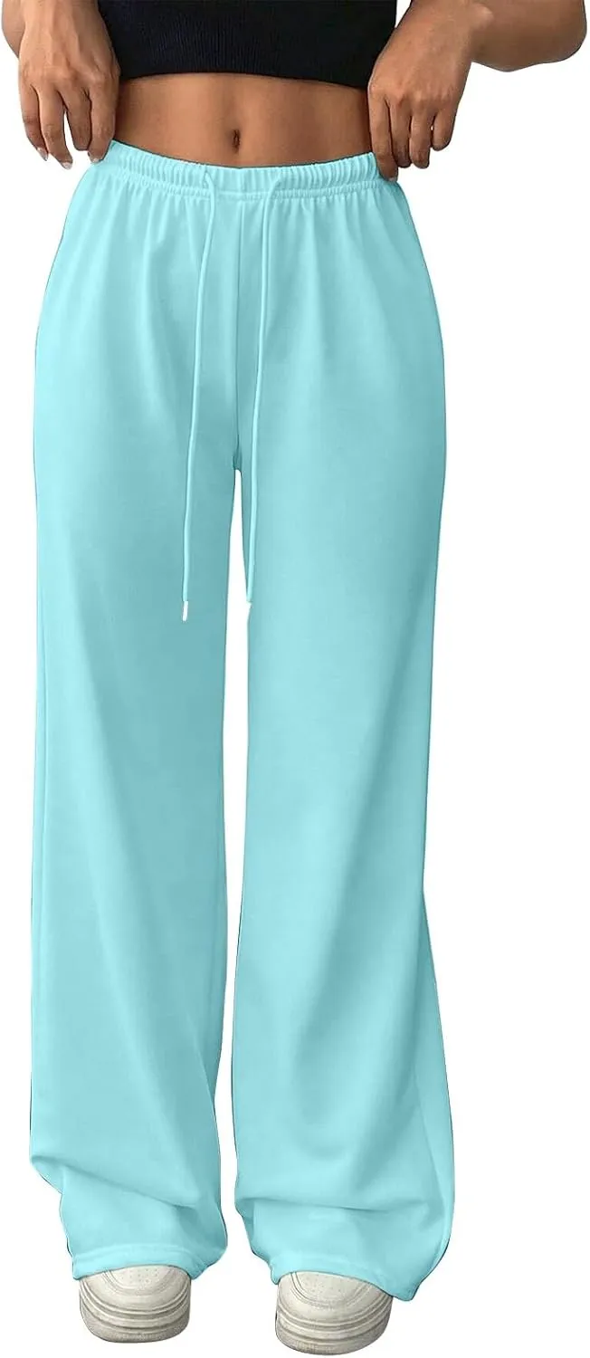 Wide Leg Sweatpants Women Low Rise Baggy Fleece Pants Y2k Drawstring Lounge Pants with Pockets Workout Athletic Pants
