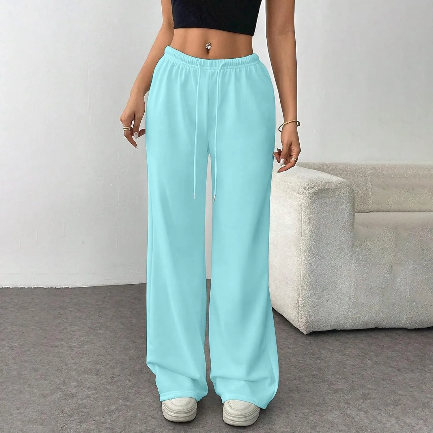 Wide Leg Sweatpants Women Low Rise Baggy Fleece Pants Y2k Drawstring Lounge Pants with Pockets Workout Athletic Pants