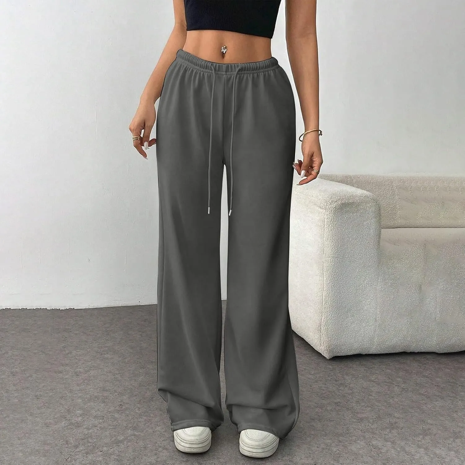 Wide Leg Sweatpants Women Low Rise Baggy Fleece Pants Y2k Drawstring Lounge Pants with Pockets Workout Athletic Pants
