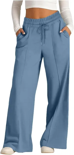 Wide Leg Sweatpants Women Oversized Elastic Drawstring Straight Pants Ladies Low Waisted Baggy Lounge Trousers Pocket