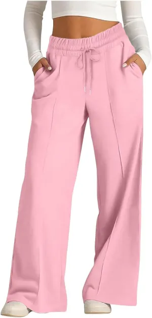 Wide Leg Sweatpants Women Oversized Elastic Drawstring Straight Pants Ladies Low Waisted Baggy Lounge Trousers Pocket