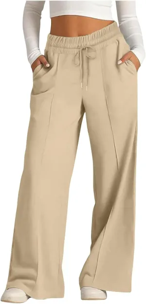 Wide Leg Sweatpants Women Oversized Elastic Drawstring Straight Pants Ladies Low Waisted Baggy Lounge Trousers Pocket