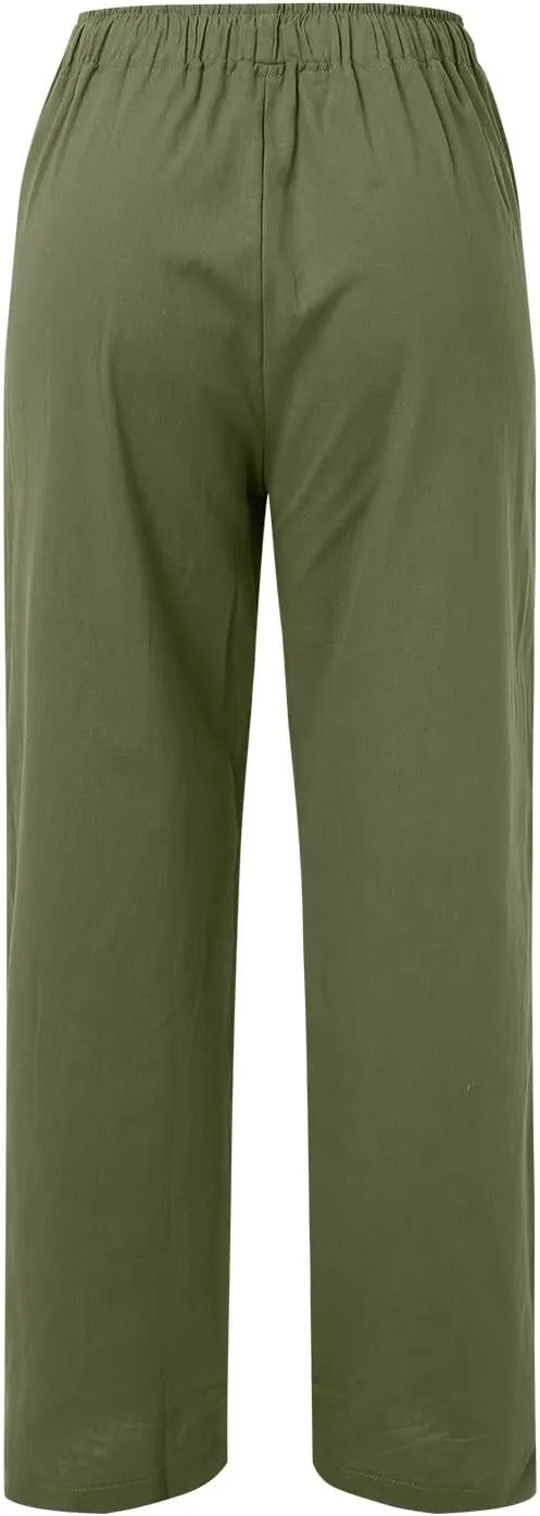 Wide Pants Waist Long Drawstring Casual Linen Elastic Women Linen Leg Solid Cotton Pants The Limited Exact Stretch