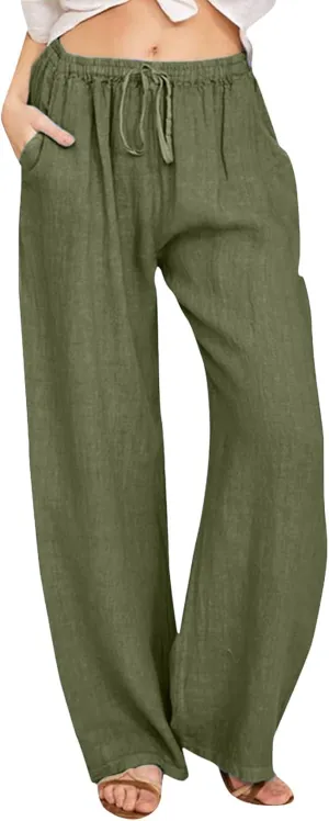 Wide Pants Waist Long Drawstring Casual Linen Elastic Women Linen Leg Solid Cotton Pants The Limited Exact Stretch
