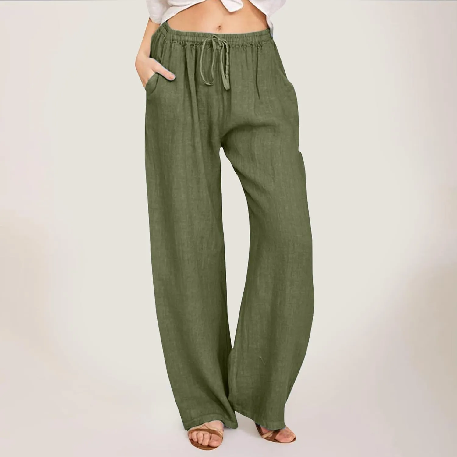 Wide Pants Waist Long Drawstring Casual Linen Elastic Women Linen Leg Solid Cotton Pants The Limited Exact Stretch