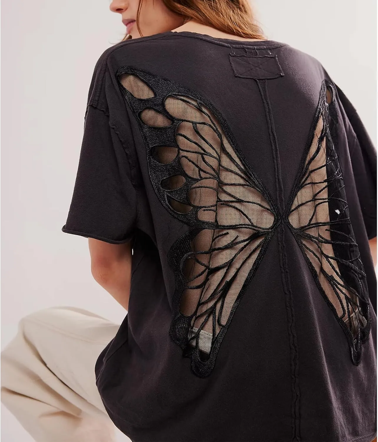 Women Butterfly Lace Short Sleeve Top Y2k Oversized Cut Out Solid Crew Neck T Shirts Summer Embroidered Tee