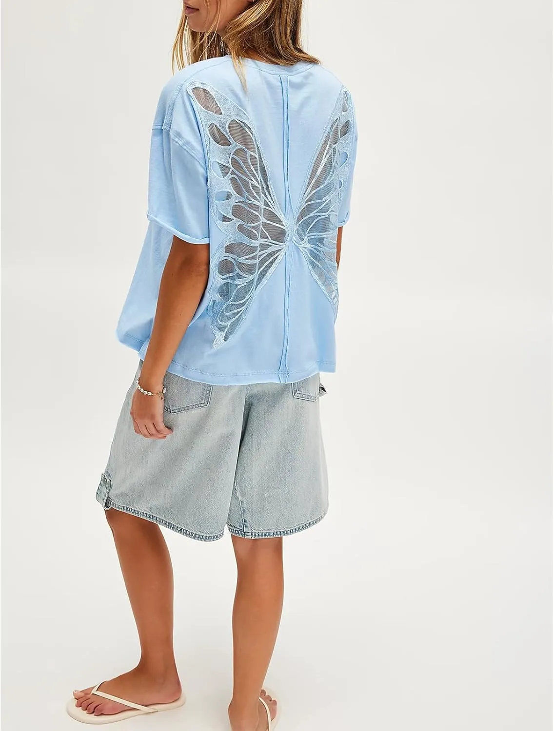 Women Butterfly Lace Short Sleeve Top Y2k Oversized Cut Out Solid Crew Neck T Shirts Summer Embroidered Tee