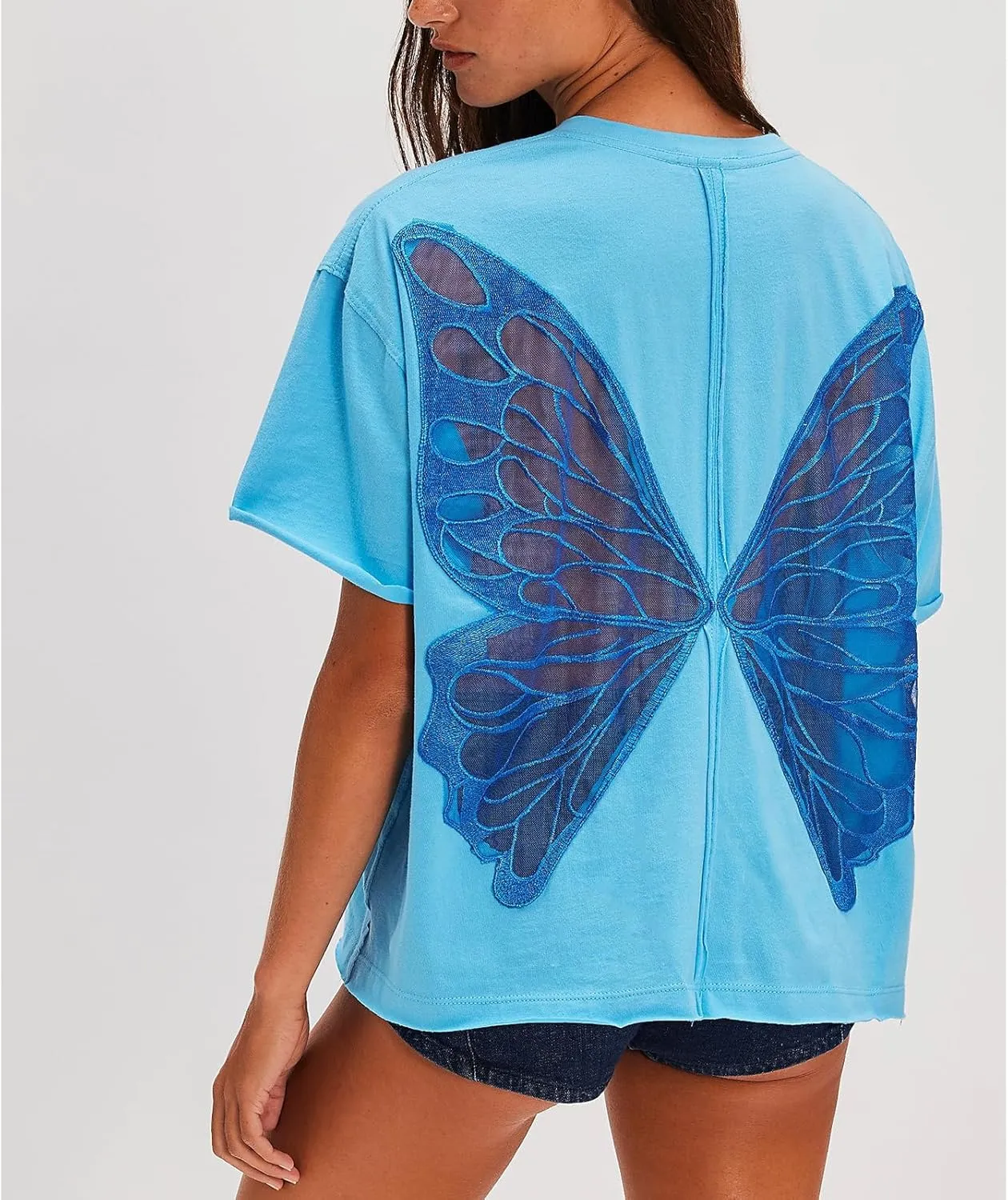 Women Butterfly Lace Short Sleeve Top Y2k Oversized Cut Out Solid Crew Neck T Shirts Summer Embroidered Tee